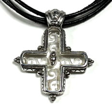 Brighton Clarity Cross Pendant Black Leather Necklace Etched Resin Silve... - $34.00