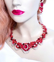 Crystal Necklace Earring Set, Red Rhinestone Choker, Prom Pageant Jewelry, Neckl - £48.74 GBP