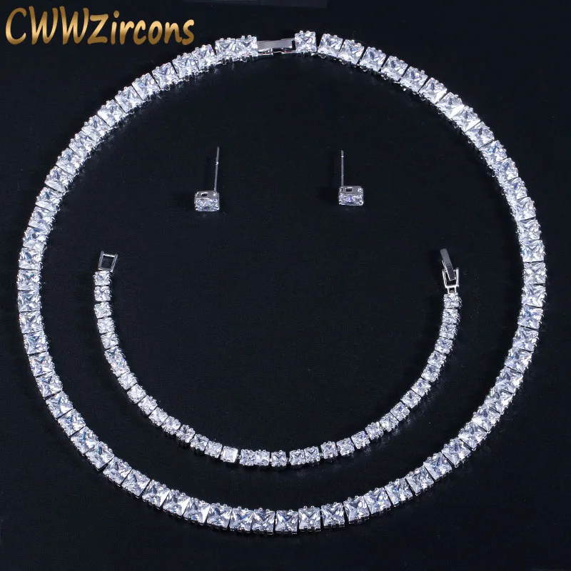 Sparkling Princess Cut Cubic Zirconia Choker Necklace Earrings Bracelet Set for  - £43.99 GBP