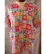 Peaches Scrub Top Uniform Medical Short Sleeve Sz Medium Hearts - $18.69