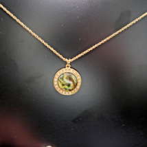 Nina Ricci Abalone Necklace Medallion Pendant Gold Tone Avon Vintage Signed 16" - $21.99