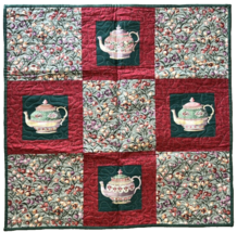 Wall Quilt Teapots Teacups Tulips 25x25&quot; Red Green Purple Pink Rod Pocket Signed - £33.87 GBP