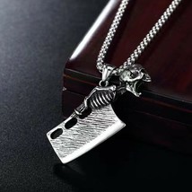 Mens Silver Skull Knife Pendant Necklace Gothic Punk Biker Jewelry Box Chain 24&quot; - £7.18 GBP