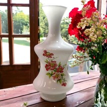 Vtg Milk Glass Vase Hand Painted Retro Floral Design Cottagecore 13.5 x 6.5 - £19.35 GBP