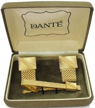 Dante Cufflinks Tie Clip Mesh Set Etched Gold Tone Wedding Tux Vintage IOB - £47.46 GBP
