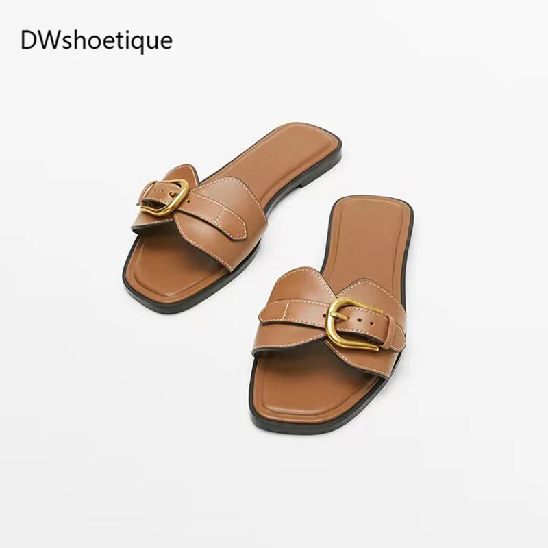 leather buckle women slides flat casual summer outside sandals - £38.31 GBP