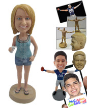 Personalized Bobblehead Sexy Babe In Denim Shorts And Sleeveless Top With Glass  - £67.23 GBP