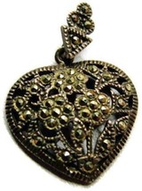 Paved Marcasite Heart Pendant Necklace Patina Vintage Sterling Silver 925 - £96.96 GBP