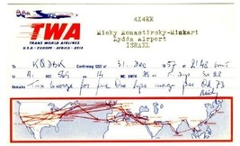 1957 QSL TWA World Route Map 4X4KK Lydda Airport ISRAEL - $8.91