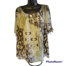 Dressbarn Womens Plus Size 14/16 Green/Brown Boho Short Sleeve Blouse To... - $14.99