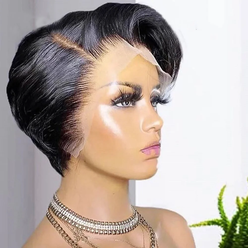 Pixie Cut Wig Straight Human Hair Wigs Cheap T Part Transparent Lace Frontal W - £31.10 GBP+