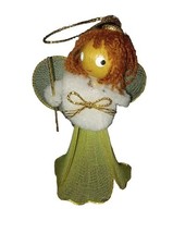 Vintage Angel Christmas Decoration Wood Head Fabric Body 3” Green mesh - $10.00