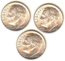 NEW Roosevelt Dime Lot of 3 GEM Silver Coins  1963-D BU From OBW roll - $13.25