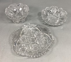 Set Of 3 Cut Glass Crystal Candy Dish And Trinket Dish W/ Sawtooth Edges - $19.79