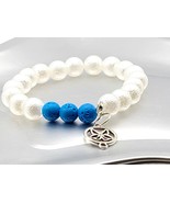Handmade Bracelet-Stretchy Bracelet-white &amp; Turquoise (Blue) with Charm - £4.70 GBP