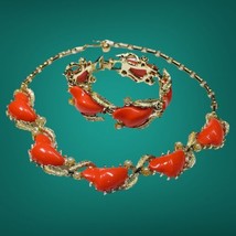 Coro Orange Lucite &amp; Faux Pearl Bracelet 7.5” Necklace 16.5” Excellent Gold Tone - £87.92 GBP