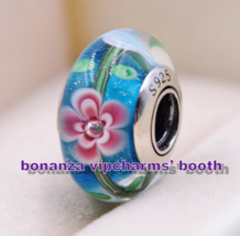 925 Silver Handmade Lampwork Pink, Blue and Yellow Flower Murano Glass Charm - £3.34 GBP