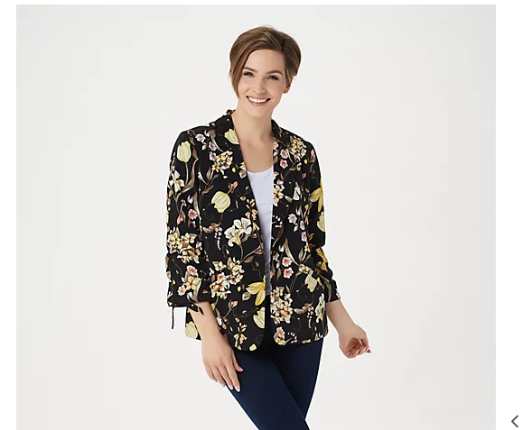 Susan Graver Printed Peachskin Blazer with Ruched Sleeves Black Size 10 ... - $19.28