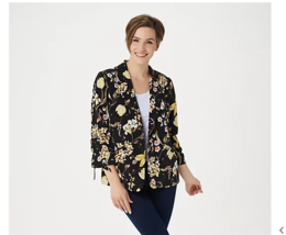Susan Graver Printed Peachskin Blazer with Ruched Sleeves Black Size 10 A351019 - £15.16 GBP