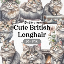 Bundle Watercolor Cute British Longhair Cat Clipart PNG - £2.37 GBP