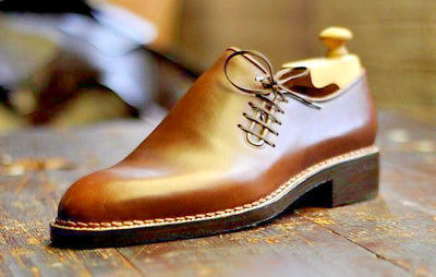 Men's Tan Color Genuine Leather Matching Sole Rounded Derby Toe Laceup Shoes