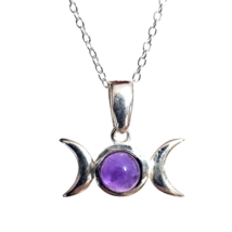 Triple Moon Necklace Pendant Small Amethyst Gemstone 925 Silver 18&quot; Chain Boxed - £18.69 GBP