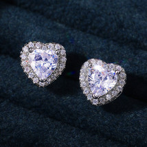 Classic Heart-Shaped Zircon Stud Earrings Women&#39;s Full Diamond Plated Rose Gold  - £8.01 GBP