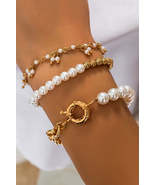 Gold 3pcs Pearl Pleated Alloy Beaded Bracelet Set - £16.50 GBP