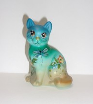 Fenton Glass Jadeite Dragonfly Floral Sitting Cat Figurine Ltd Ed #15/35 Barley - £138.38 GBP