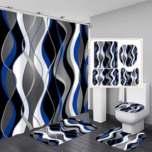 4 Pcs Blue and Black Striped Shower Curtain Set Grey and White Bathroom Sets - £31.96 GBP