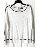 Tommy Hilfiger Womens Sweater White Navy Blue Raised Trim 1/4 Gold Zip P... - $10.84