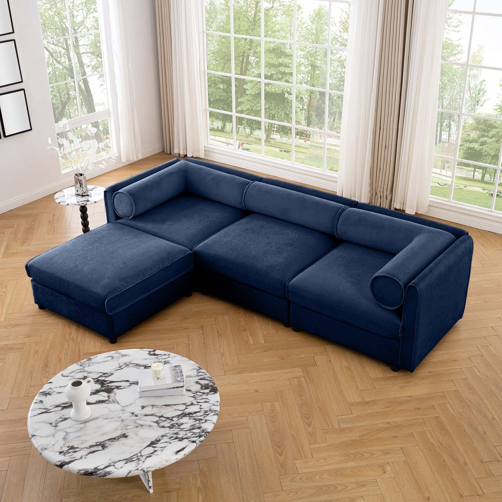 Elegant Blue Chenille L-Shaped Sofa with Storage Ottoman Item image 6