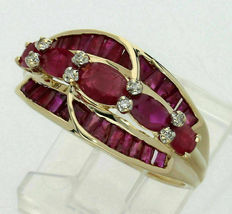 2.85Ct Oval Baguette Cut Ruby &amp; Diamond Engagement Ring 14K Yellow Gold Over - £89.35 GBP
