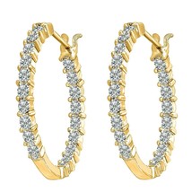 Moissanite Diamond 14K Yellow Gold Finish Silver Inside Outside Hoop Earrings - £93.41 GBP