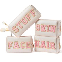 4Pcs Preppy Patch Varsity Letter Makeup Bag Sewn with Pink Skin Hair Face Stuff  - £42.60 GBP