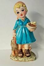 Vintage Blonde Girl In Blue Dress with Blue Eyes With Rooster and bowl Figurine - £15.73 GBP