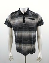 Dark Black Men&#39;s Medium Polo Shirt Black Gray Striped Cotton Short Sleeve - $10.87
