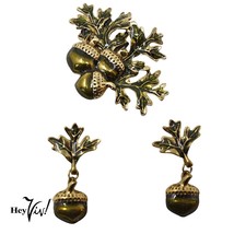 Vintage Signed Avon Pierced Earrings and Brooch Set Acorn Leaf Enamel - Hey Viv - £22.33 GBP