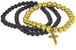 Set of Three Black Lava &amp; 18K Gold P Stainless Beaded Holy Cross Charm B... - $42.03 CAD