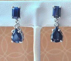 Natural Blue Sapphire / White Zircon Earrings in Platinum Over Sterling 3.90 ctw - £40.05 GBP