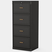 Vertical File Cabinet in Black Wood Finish with 4 Lockable Storage Drawers - $491.99