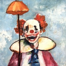 Clown with Tiny Umbrella Painting Shirley Horvath Artist Signed Michigan 1980s - £78.30 GBP