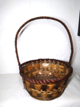 Medium Brown Med. Size Wicker Woven Band Round Basket w/Tall Hoop Handle! - $15.90