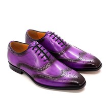 Men Oxford Purple Patina Brogue Wingtip Patent Cow Leather Handmade Formal Shoes - £118.02 GBP