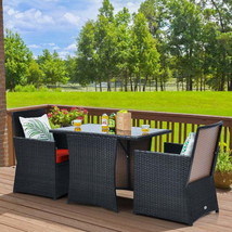 3 Pieces Patio Rattan Furniture Set with Cushion and Sofa Armrest-Red - £219.47 GBP