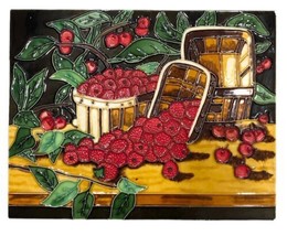 Vtg Wall Decor Ceramic Tile Art High Gloss Berry Strawberry Basket Scene 13&quot;x16” - £23.44 GBP