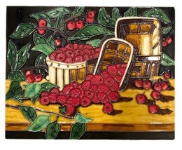 Vtg Wall Decor Ceramic Tile Art High Gloss Berry Strawberry Basket Scene 13&quot;x16” - £22.20 GBP