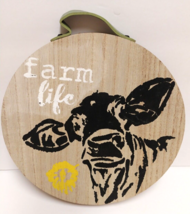 Farm Life Round Wood Wall Hanging Farmhouse Cow Decor 8&quot; Leather Hanger - £11.17 GBP