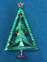 Vintage BJ Signed Metallic Green &amp; Red Cut-Out Christmas Tree Pin Brooch – marke - £23.79 GBP
