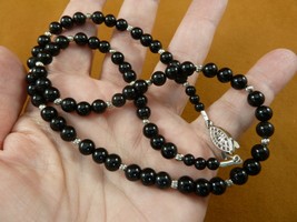 (v305-31) 20&quot; long black Onyx gemstone + silver alloy beaded Necklace JEWELRY - £31.78 GBP